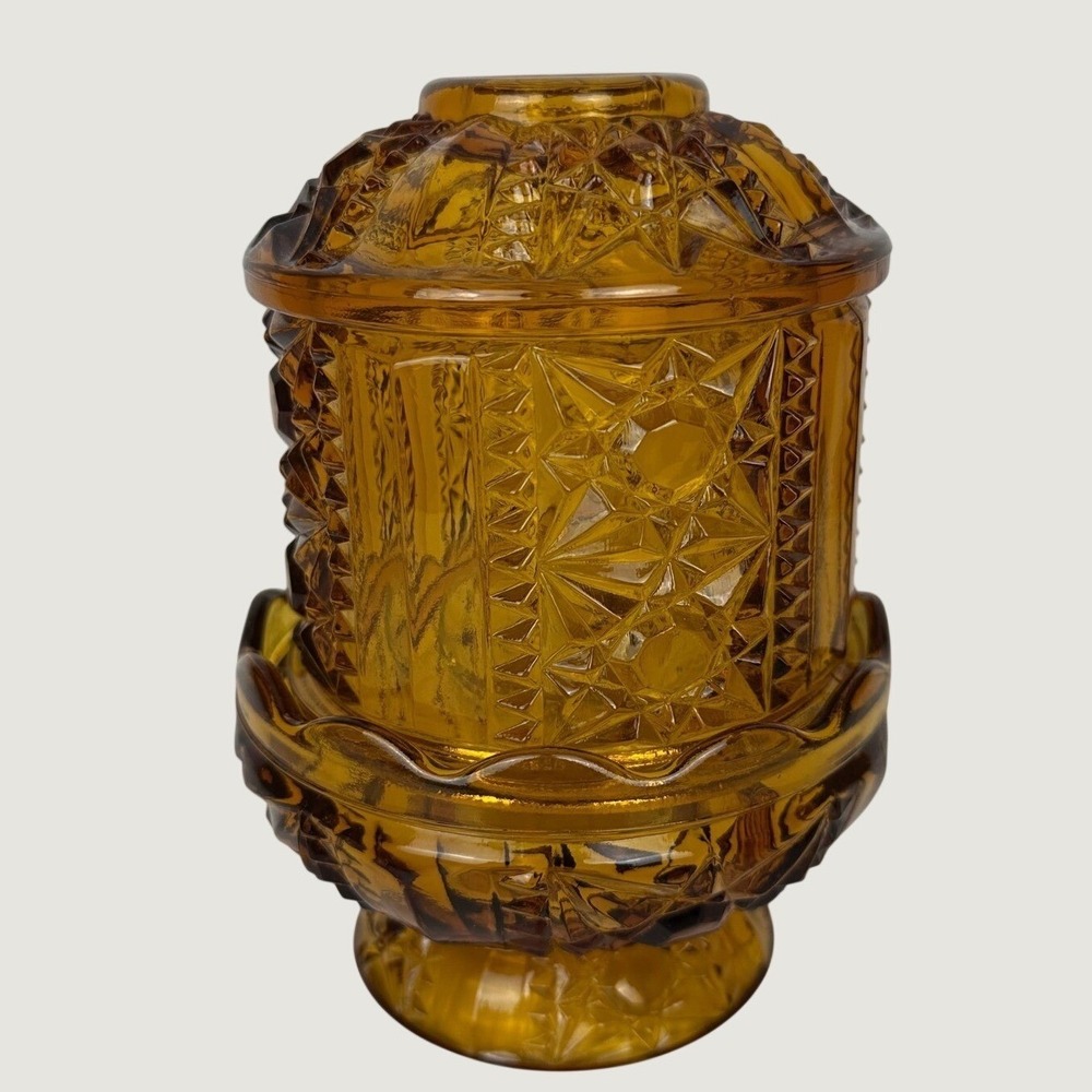 Vintage Indiana Glass Stars & Bars Amber Glass Fairy Lamp Votive Candle Holder